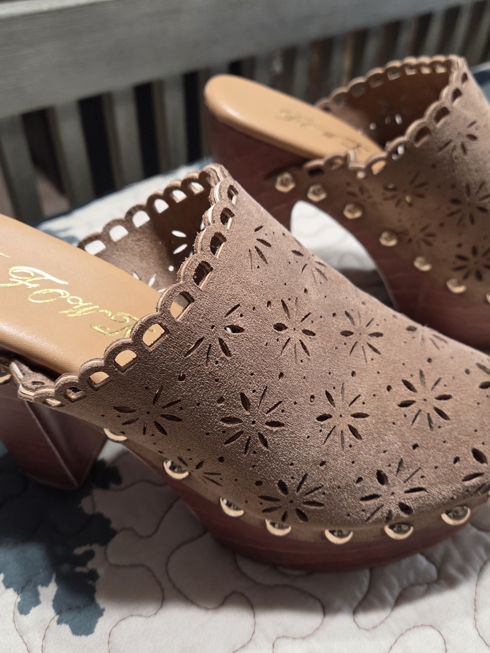 Studded Cutout Platform Clogs - Beige